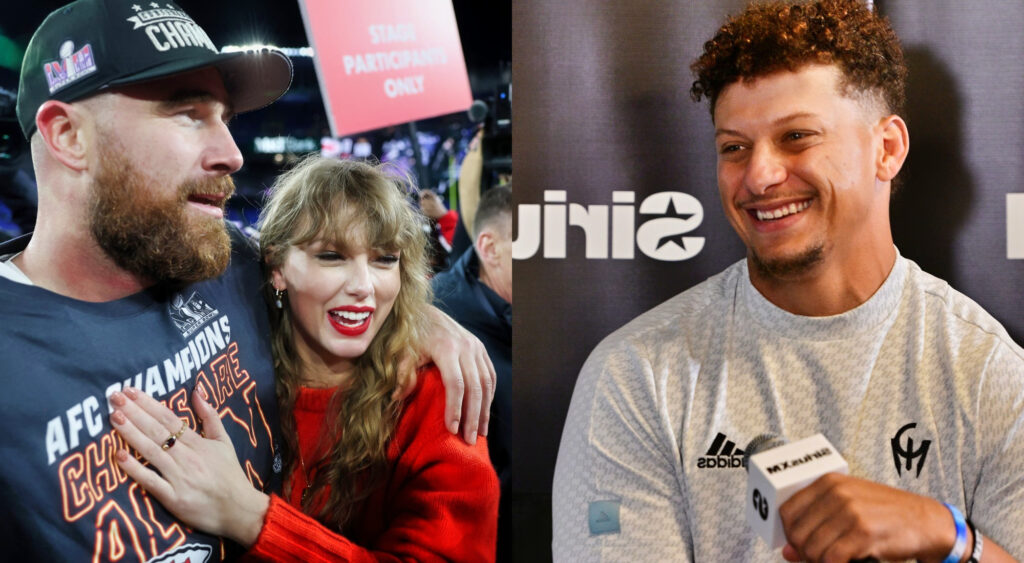 Photo of Travis Kelce and Taylor Swift and photo Patrick Mahomes