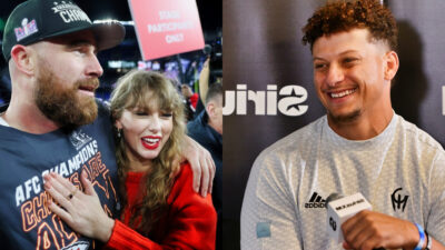 Photo of Travis Kelce and Taylor Swift and photo Patrick Mahomes