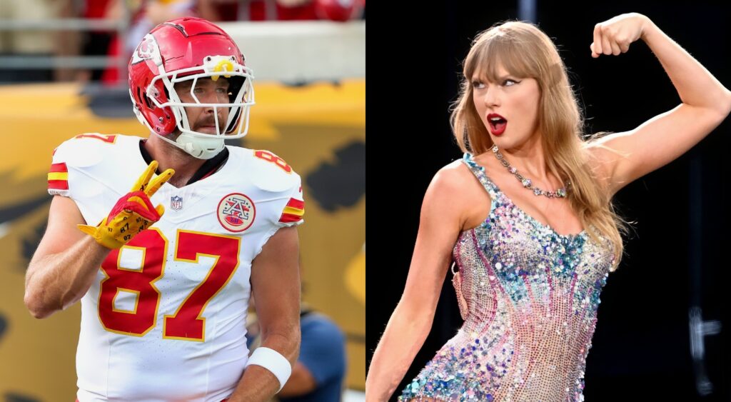 Travis Kelce giving the peace sign and Taylor Swift flexing.