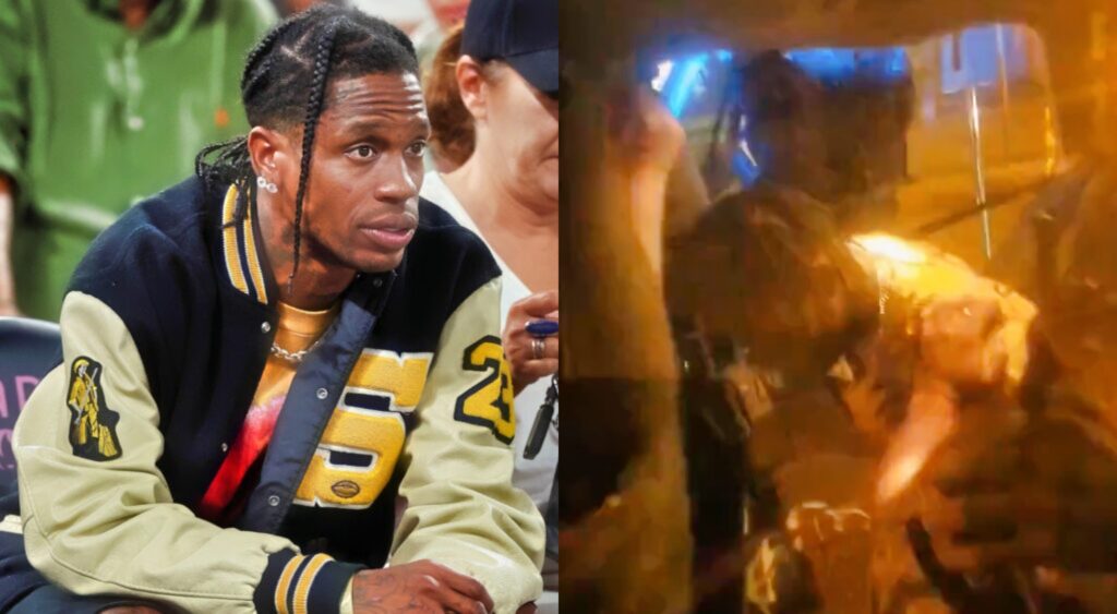 Travis Scott watching a basketball game and getting arrested