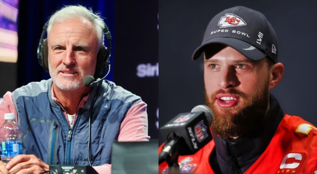 Trey Wingo during interview and Harrison Butker talking to reporters