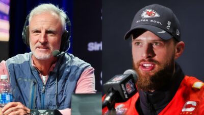 Trey Wingo during interview and Harrison Butker talking to reporters