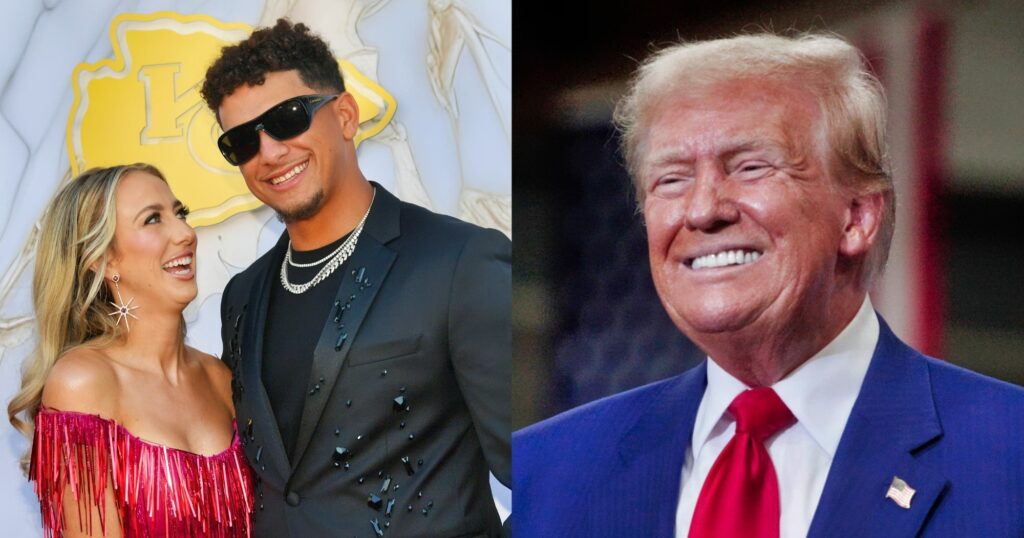 Brittany Mahomes and Patrick Mahomes (left) looking on. Donald Trump (right) looks on at event.