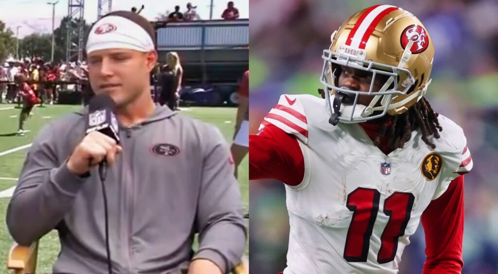 Christian McCaffrey speaking to NFL Network (left). Brandon aiyuk looking on (right).