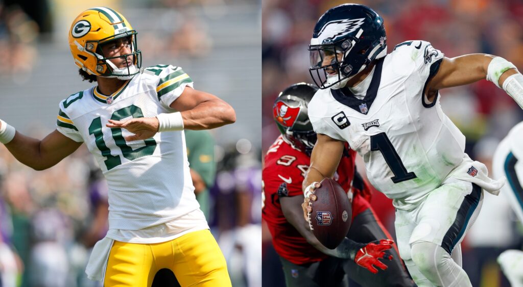 Packers QB Jordan Love e Eagles QB Jalen Hurts. Packers vs Eagles Semana 1