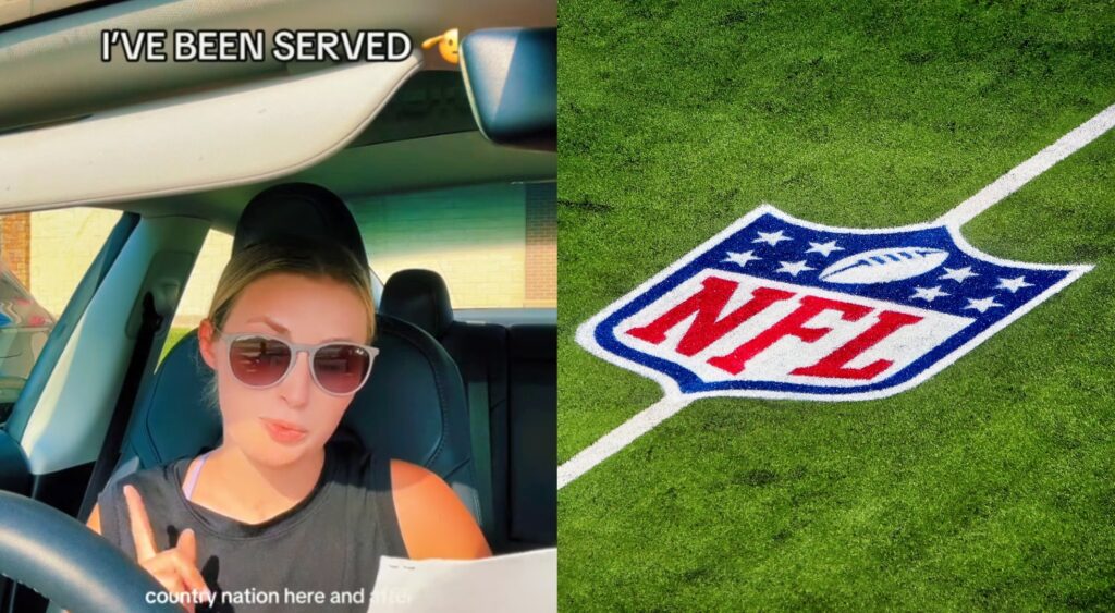 Haven Presley talking in video (left). NFL logo shown on field (right). The NFL season begins on Sept. 5.