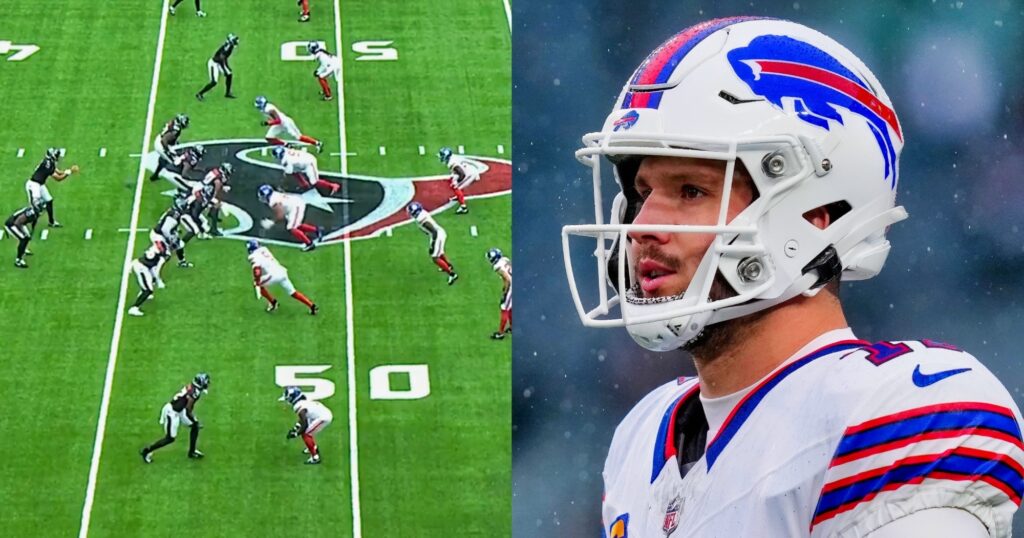 CJ Stroud of Houston Texans calling a play (left). Josh Allen of Buffalo Bills looking on (right).