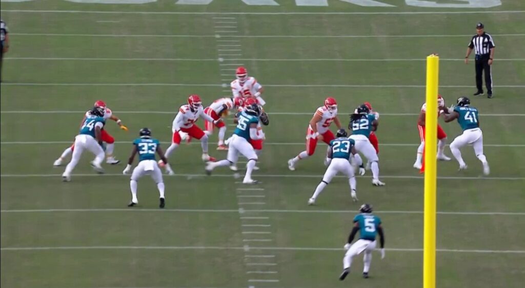 Marquise Brown and Kansas City Chiefs offense running a play vs. Jacksonville Jaguars.