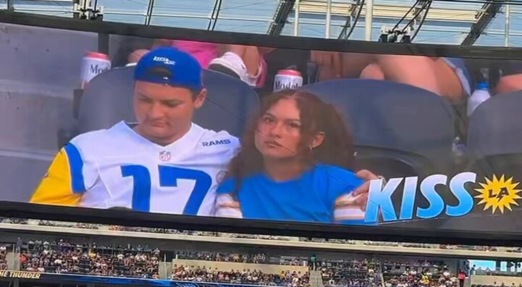 Los Angeles Rams fans shown on Kiss Cam at SoFi Stadium.