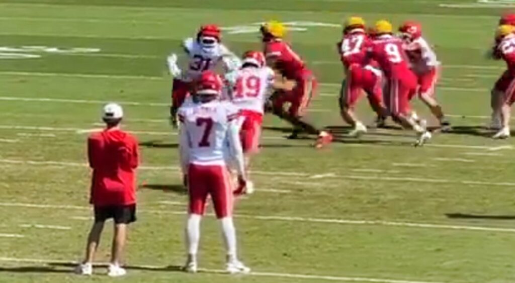 Matt Araiza of Kansas City Chiefs punting football in practice.