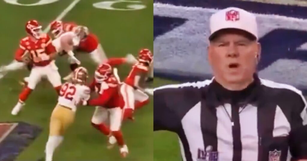 Patrick Mahomes looking to throw (left). NFL referee Bill Vinovich (right) makign a call during Super Bowl 58.