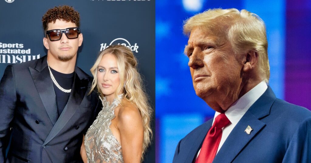 Patrick Mahomes with wife Brittany (left). Donald Trump looking on (right).