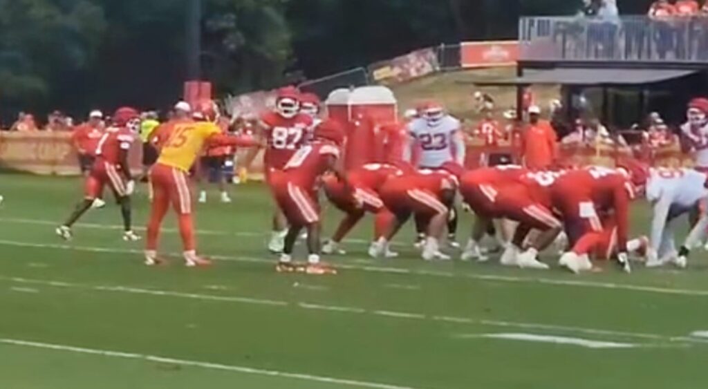 Patrick Mahomes of Kansas City Chiefs calling a play during practice.