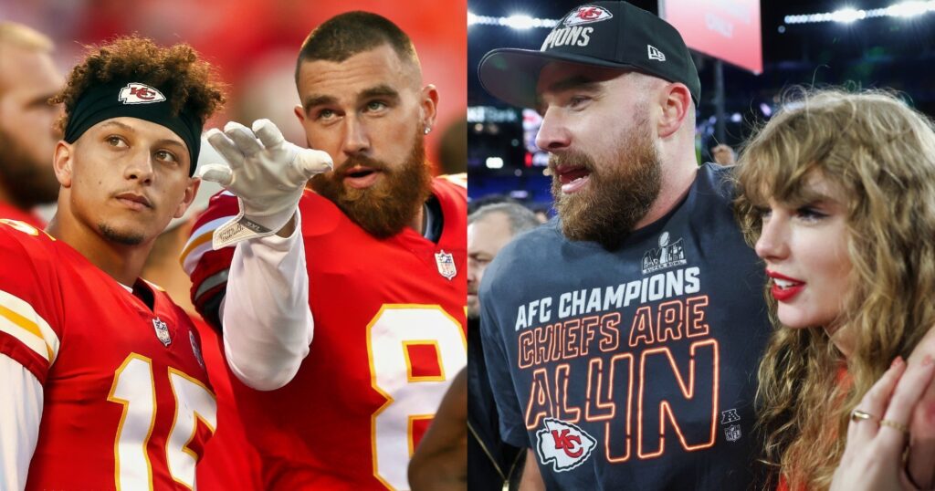 Patrick Mahomes and Travis Kelce look on (left). Kelce and Taylor Swift celebrate after game (right).