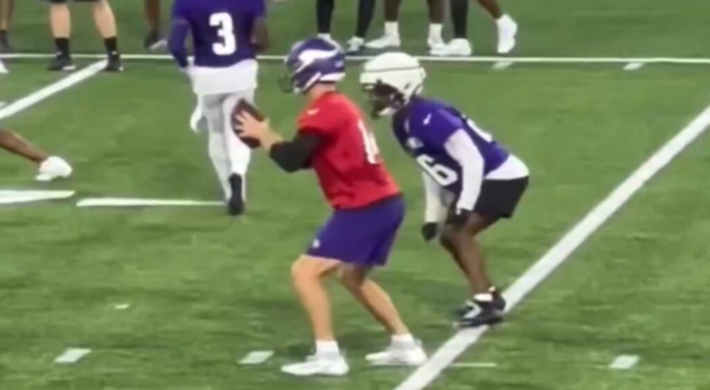 Sam Darnold of Minnesota Vikings holding football in practice.