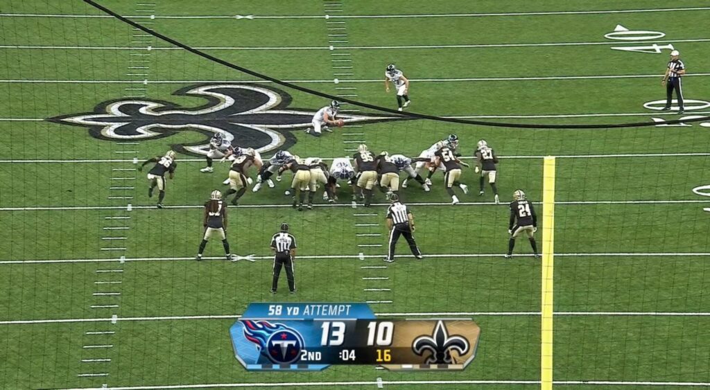 Tennessee Titans attempting field goal vs. New Orleans Saints before Samson Nacua's big run.