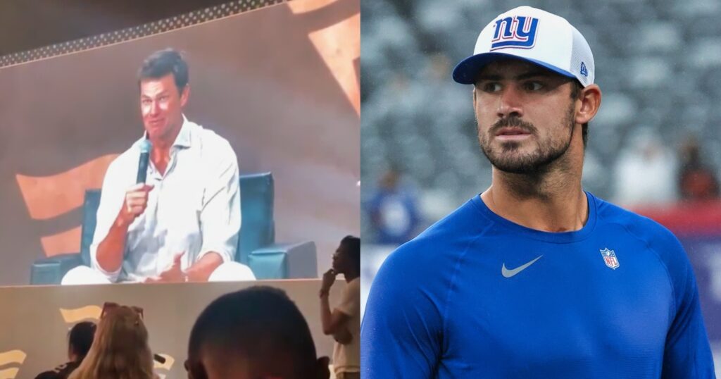 Tom Brady speaking at event (left). Daniel Jones looking on (right).