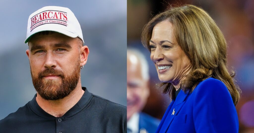 Travis Kelce looking on (left). Kamala Harris smiling (right).