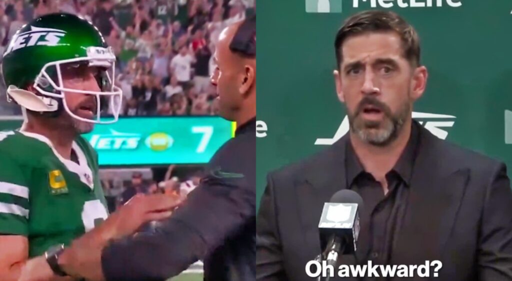 Aaron Rodgers shoving Robert Saleh and Aaron Rodgers speaking at a press conference.