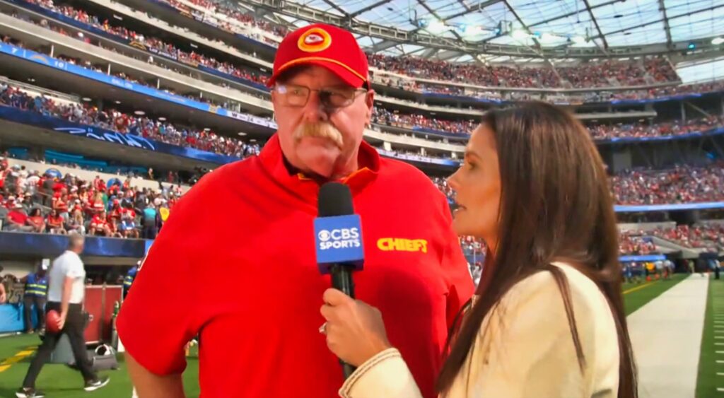 Andy Reid gives a halftime interview on CBS.