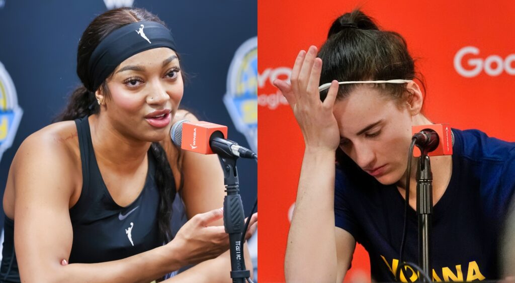 Angel Reese and Caitlin Clark at their respective press conferences.