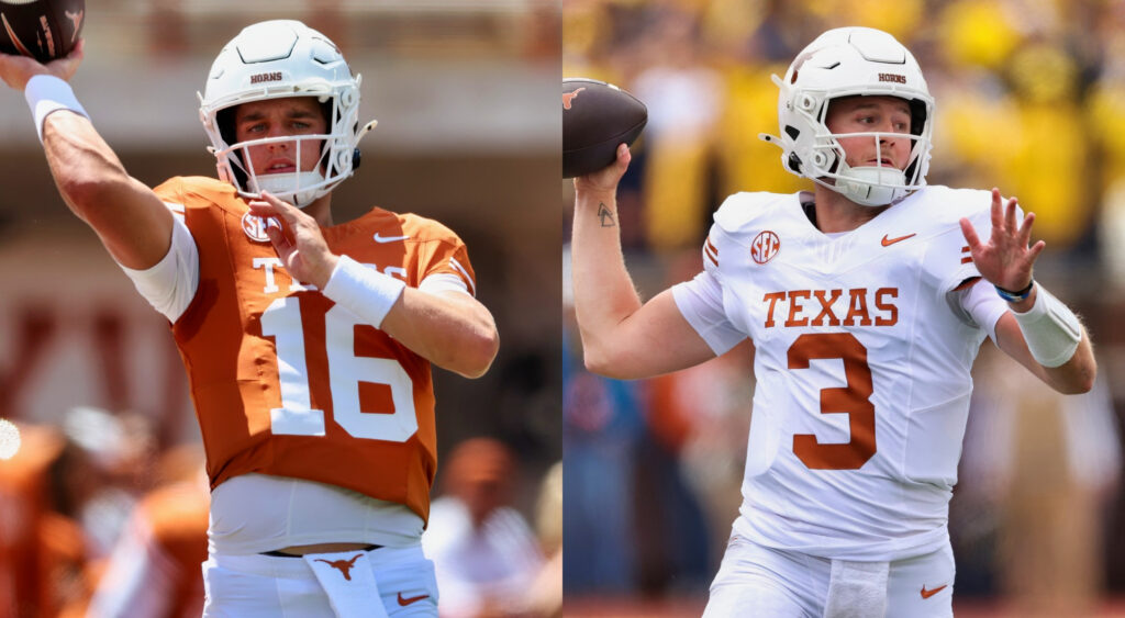 Photos of Arch Manning and Quinn Ewers throwing footballs