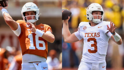 Photos of Arch Manning and Quinn Ewers throwing footballs