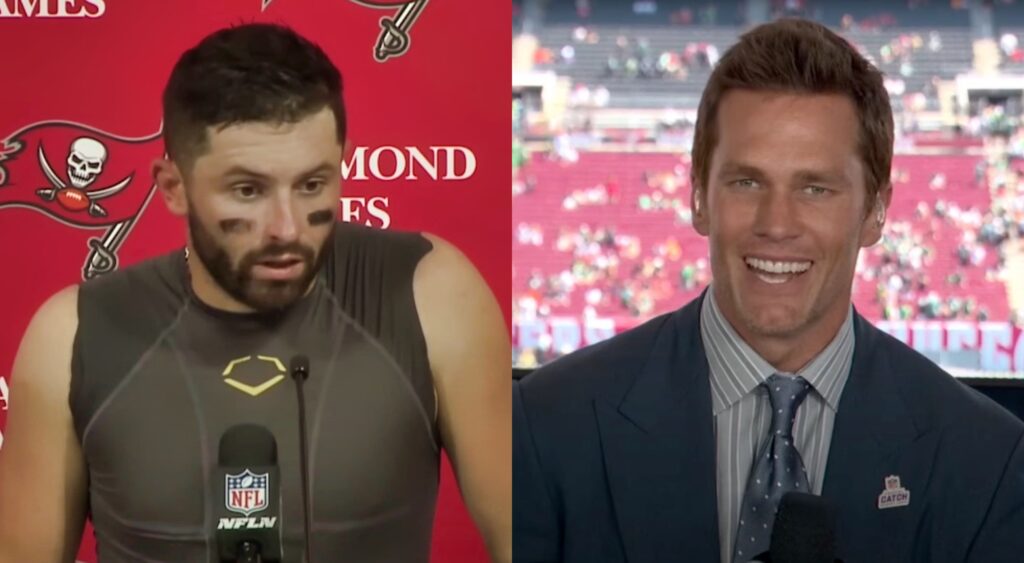 Baker Mayfield at a press conference and Tom BRady in the FOX broadcast booth.