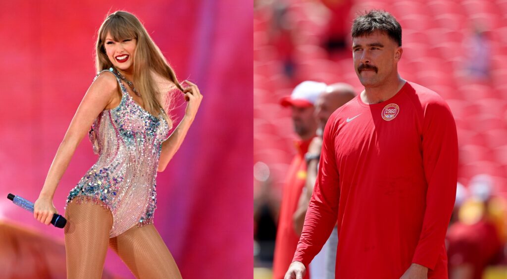 Taylor Swift performing and Travis Kelce during NFL pregame