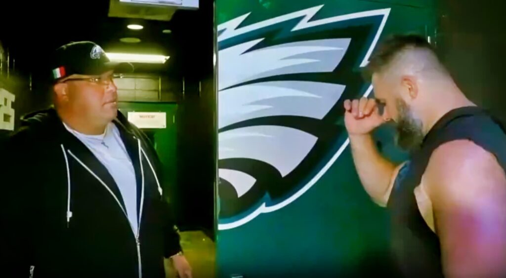 Big Dom and Jason Kelce at locker room