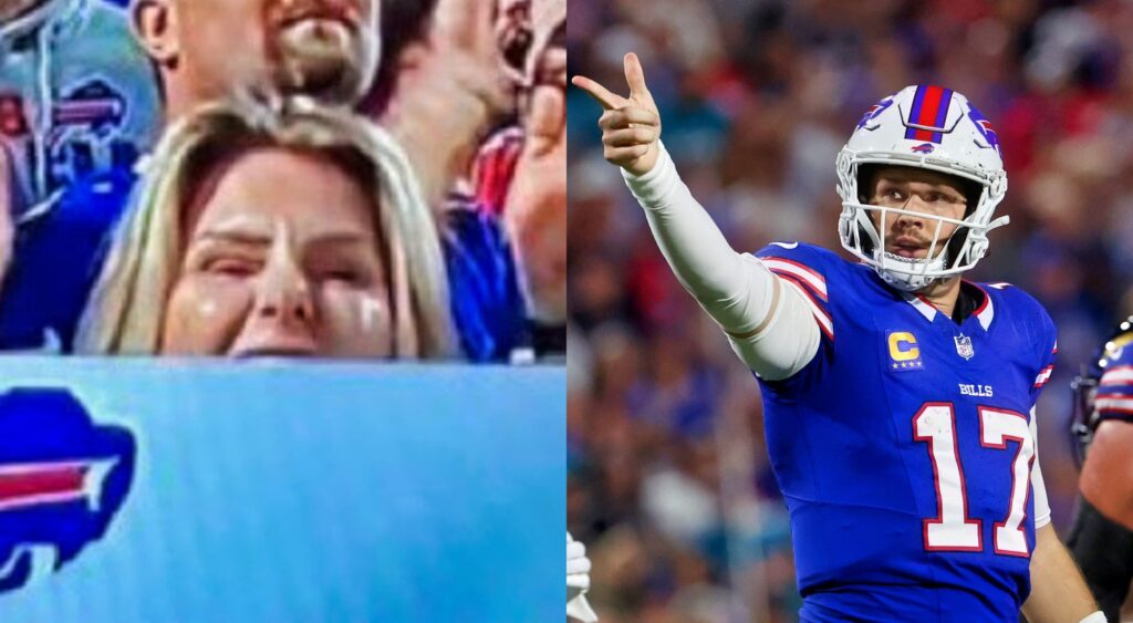 Female Bills fan holding a sign and Josh Allen pointing.