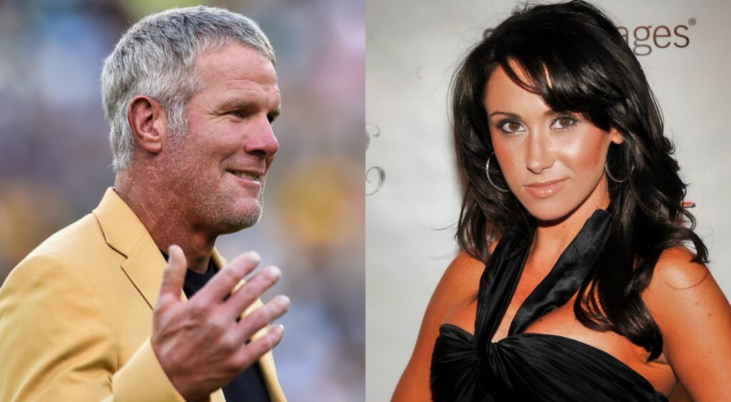 Brett Favre looks on and Jenn Sterger poses for the camera.