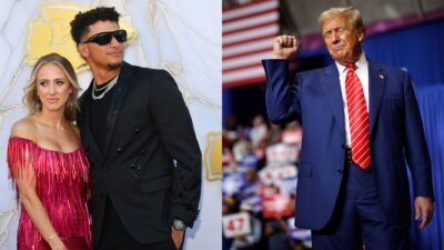 Brittany Mahomes, Patrick posing together and Donald Trump at rally