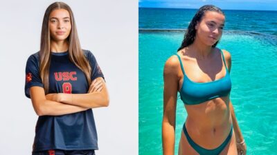 Brooklyn Courtnall posing in soccer jersey and bikini