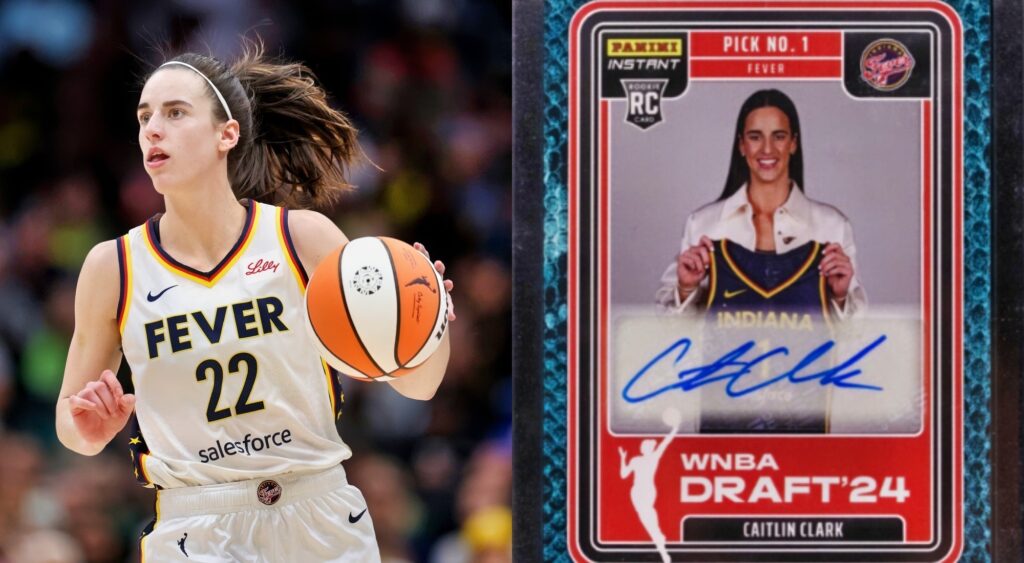 Cailtlin Clark running and her autographed trading card