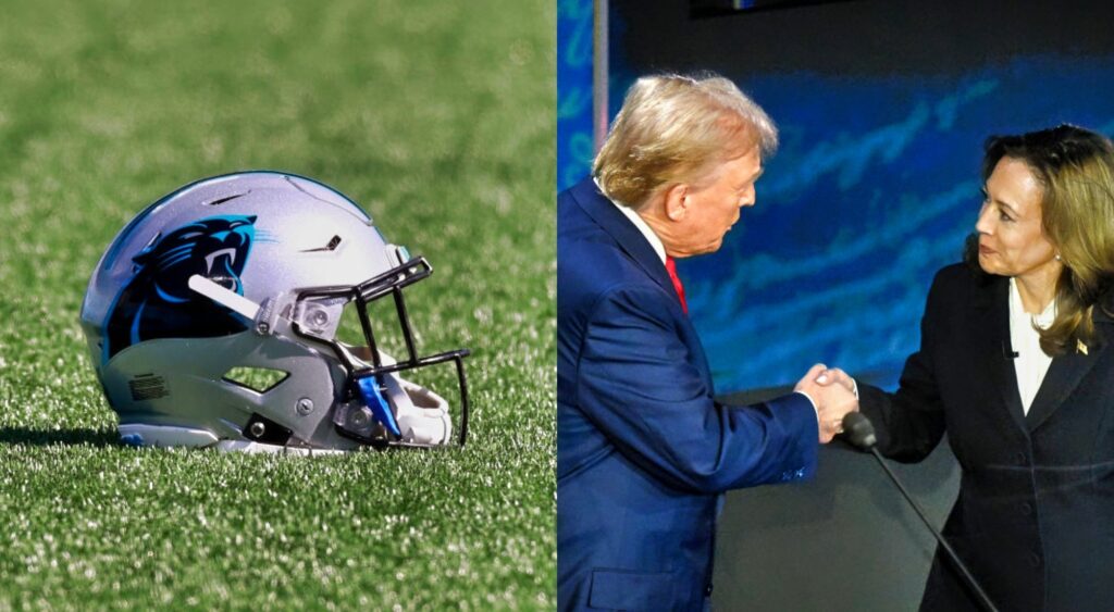 Carolina Panthers helmet on ground. Kamala Harris and Donald Trump shaking hands