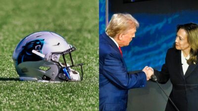 Carolina Panthers helmet on ground. Kamala Harris and Donald Trump shaking hands