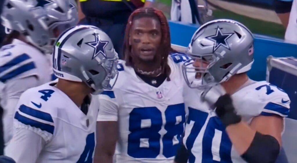 CeeDee Lamb yelling at Dak Prescott on the sideline.