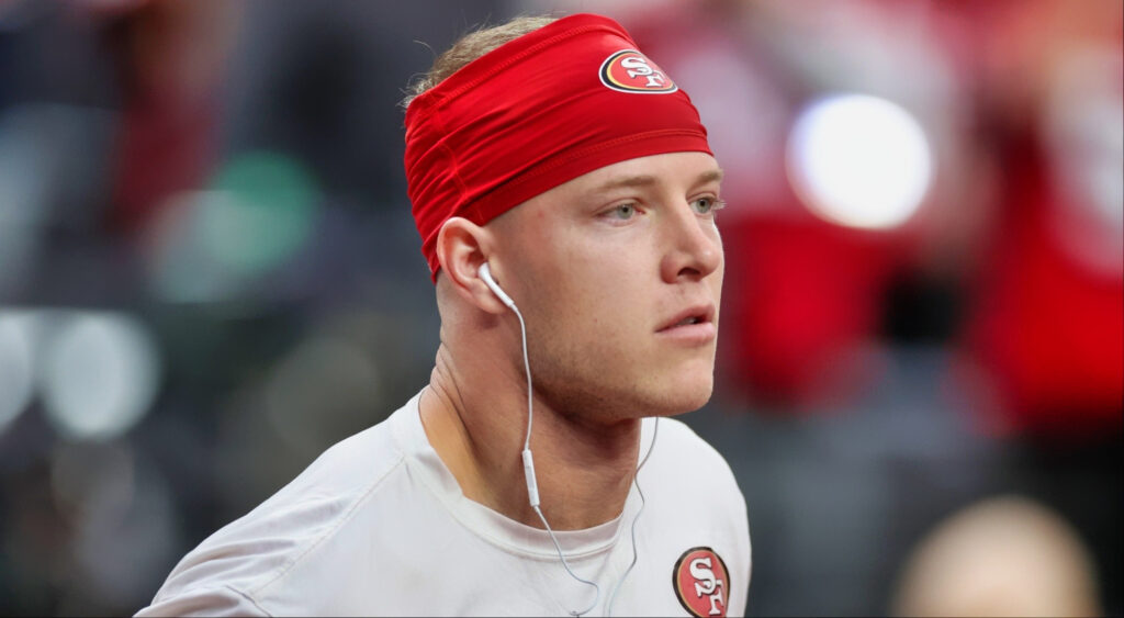 Christian McCaffrey of the San Francisco 49ers warms-up.