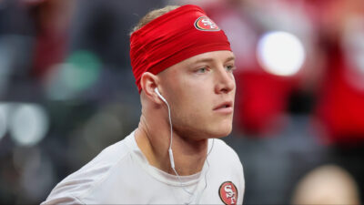 Christian McCaffrey of the San Francisco 49ers warms-up.