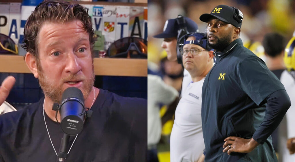 Photo of Dave Portnoy speaking into mic and photo of Sherrone Moore on Michigan sideline