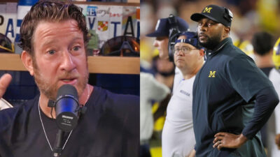 Photo of Dave Portnoy speaking into mic and photo of Sherrone Moore on Michigan sideline