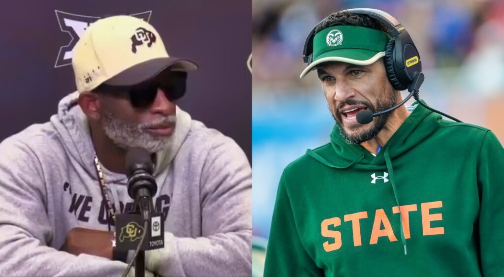 Deion Sanders speaking to the media and Jay Norvell coaching during a game.