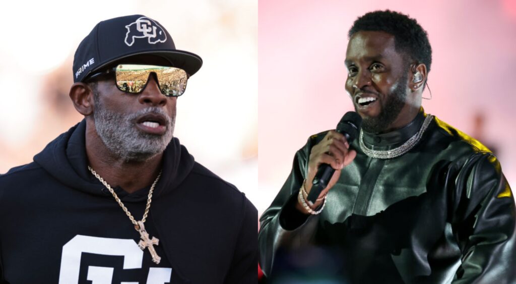 Deion Sanders in hoodie and Diddy with mic in hand