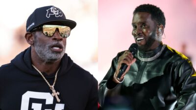 Deion Sanders in hoodie and Diddy with mic in hand