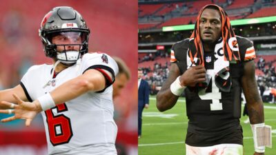 Deshaun Watson and Baker Mayfield in uniform