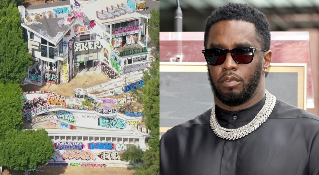 Diddy posing and picture of mansion with graffiti