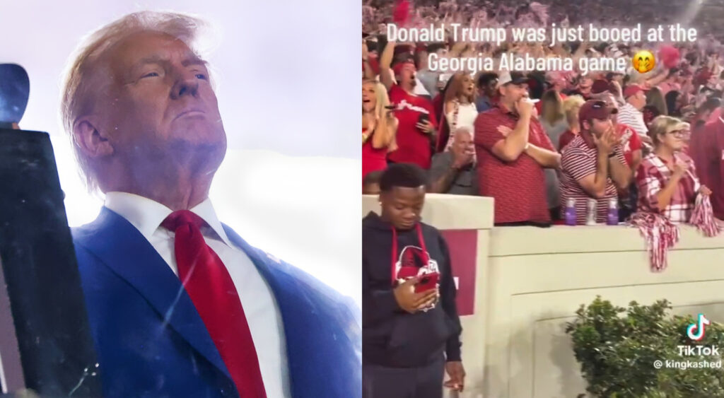 Photo of Donald Trump and photo of Georgia-Alabama crowd