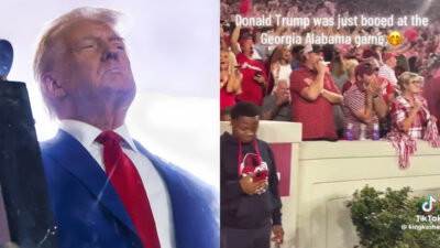 Photo of Donald Trump and photo of Georgia-Alabama crowd