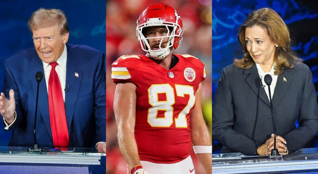 Donald Trump, Travis Kelce and Kamala Harris